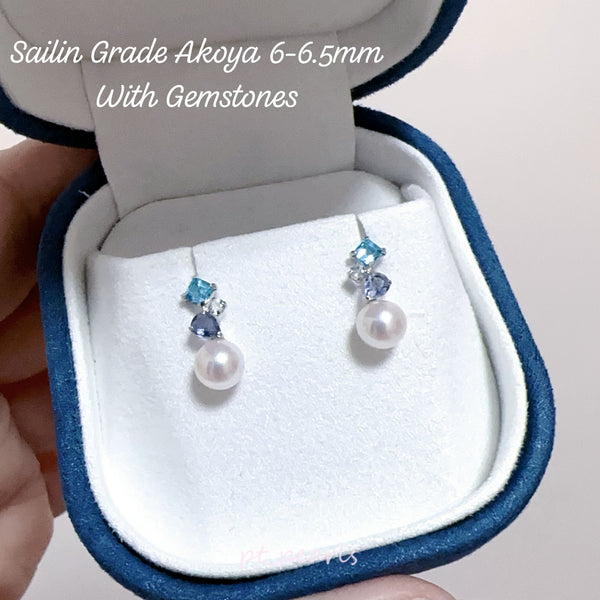 頂級極光 彩凜品質 Akoya 6-6.5mm 配半寶石耳環  | Sailin Grade Akoya 6-6.5mm with Gemstones Earrings