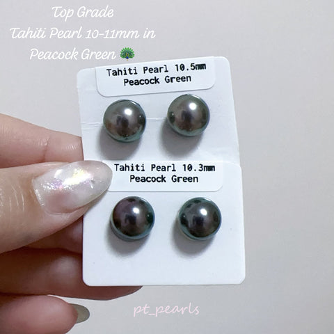 (Summer Sale) 頂級鏡面 孔雀綠色 大溪地10-11mm耳環 | Top Grade Peacock Green Tahitian Pearl 10-11mm earrings