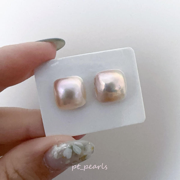 11-12mm 極光幻彩粉紫 方形馬貝耳環 | 11-12mm Aurora Japanese Rainbow Purple Pink Square Mabe Earrings