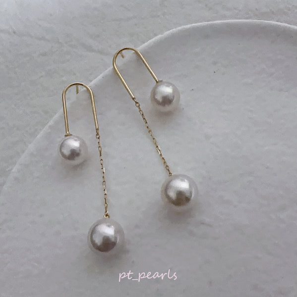 極光 Akoya 7-8.5mm 雙珠垂吊耳環 / Aurora Akoya 7-8.5mm Double Pearl Dangling Earrings