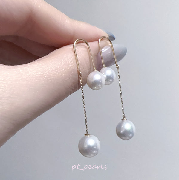 極光 Akoya 7-8.5mm 雙珠垂吊耳環 / Aurora Akoya 7-8.5mm Double Pearl Dangling Earrings