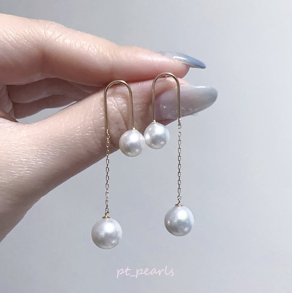 極光 Akoya 7-8.5mm 雙珠垂吊耳環 / Aurora Akoya 7-8.5mm Double Pearl Dangling Earrings