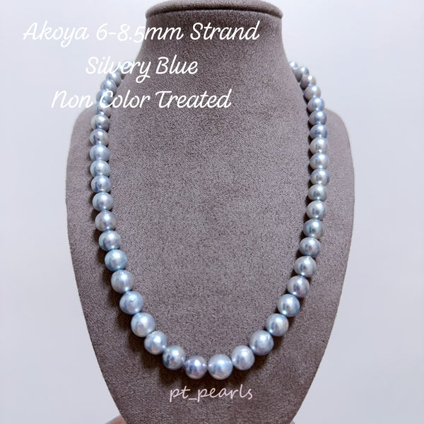 日本珍珠 Akoya 6-8.5mm 銀藍色 無調色珠鏈 | Akoya 6-8.5mm Silvery Blue Pearl Strand