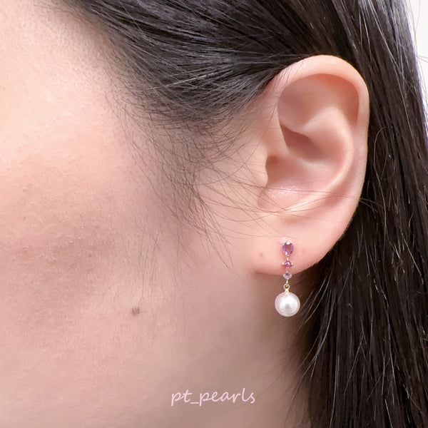 頂級濃粉 彩凜品質Akoya 6.5-7 配18K半寶石耳環 | Top Grade Sailin Grade Deep Pink Akoya 6.5-7mm Earrings with 18K Gemstones Setting