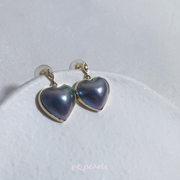 頂級極光紫藍心型11-12mm馬貝耳環 | Top Grade Aurora Japanese Mabe 11-12mm Purple Blue Earrings