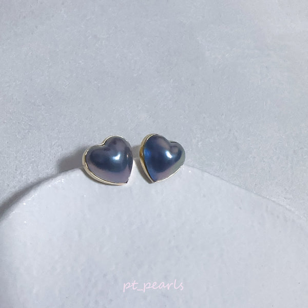 頂級極光紫藍心型馬貝12-13mm耳環 | Top Grade Aurora Japanese Heart Shape Mabe 12-13mm Purple Blue Earrings