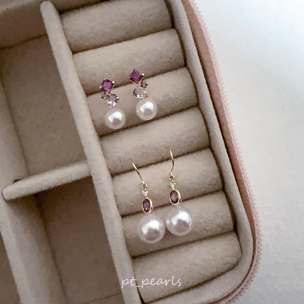 頂級濃粉 Akoya 5.5-6 / 7.5-8mm 配18K半寶石耳環 | Top Grade Deep Pink Akoya 5.5-6 / 7.5-8mm Earrings with 18K Gemstones Setting