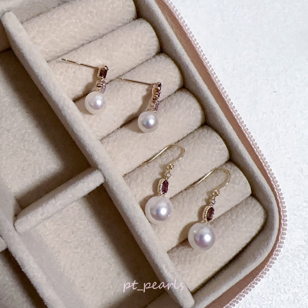 頂級濃粉 Akoya 5.5-6 / 7.5-8mm 配18K半寶石耳環 | Top Grade Deep Pink Akoya 5.5-6 / 7.5-8mm Earrings with 18K Gemstones Setting