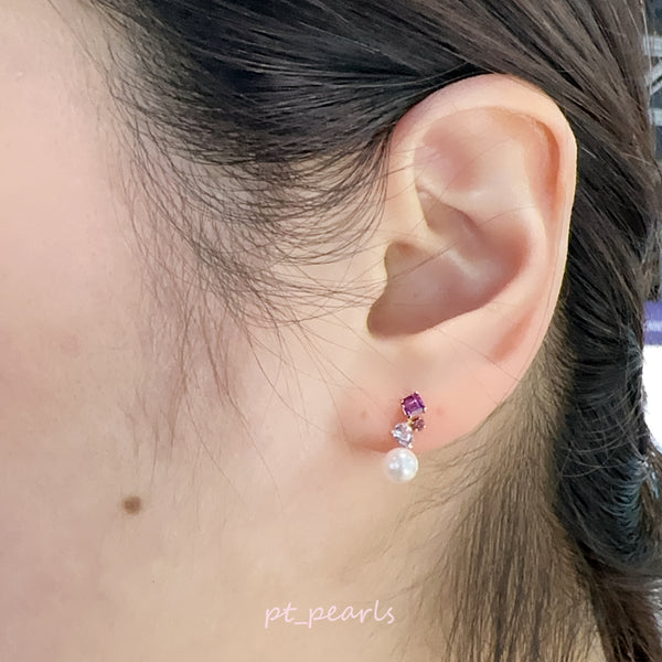 頂級濃粉 Akoya 5.5-6 / 7.5-8mm 配18K半寶石耳環 | Top Grade Deep Pink Akoya 5.5-6 / 7.5-8mm Earrings with 18K Gemstones Setting