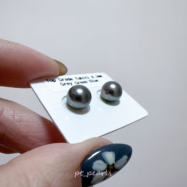 (Anniversary Sale) 頂級鏡面 大溪地灰藍綠 8.3mm耳環 | Top Grade Tahitian Pearl Grey Green Blue 8.3mm earrings