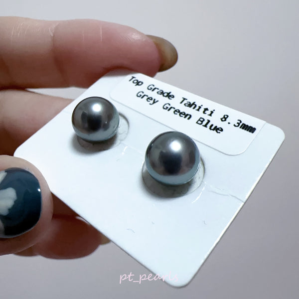 (Anniversary Sale) 頂級鏡面 大溪地灰藍綠 8.3mm耳環 | Top Grade Tahitian Pearl Grey Green Blue 8.3mm earrings