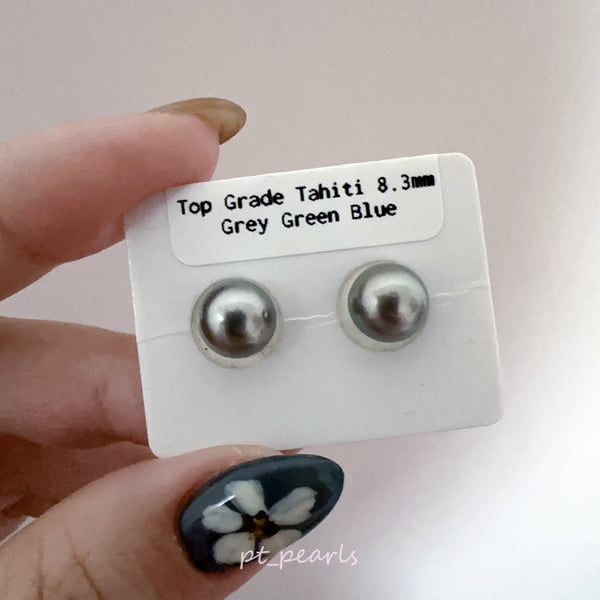 (Anniversary Sale) 頂級鏡面 大溪地灰藍綠 8.3mm耳環 | Top Grade Tahitian Pearl Grey Green Blue 8.3mm earrings