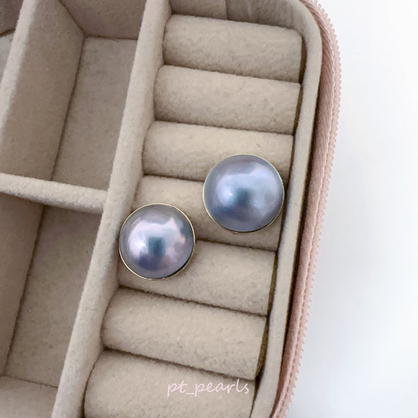 13-14mm 極光濃紫藍馬貝耳環 | 13-14mm Aurora Japanese Mabe Deep Purple Blue Earrings