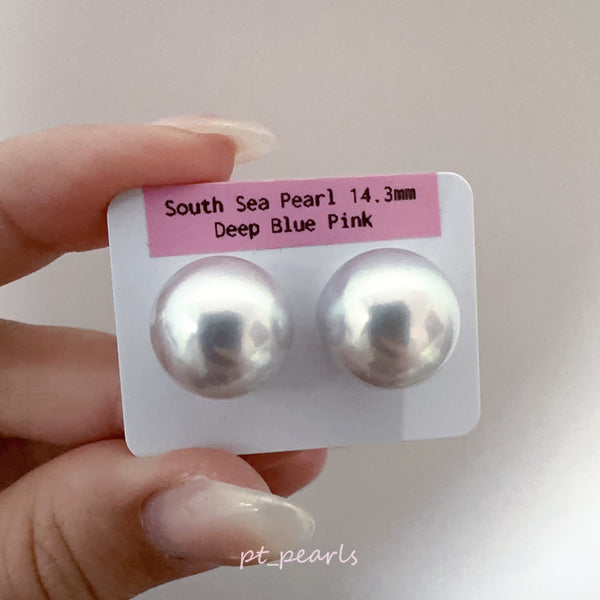 (限定價) 頂級鏡面 南洋澳白 銀藍粉色 14.3mm 耳環  | Top Luster South Sea White Pearl Silvery Blue Pink 14.3mm Earrings