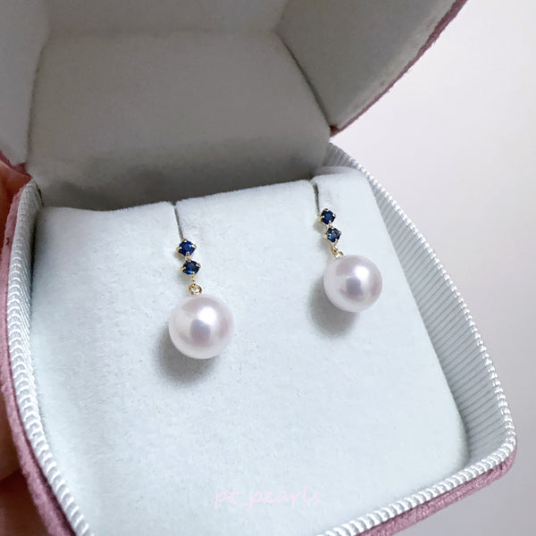 (Summer Sale) 花珠級 Akoya 7-7.5mm 配藍寶石耳環 | Hanadama Grade Akoya 7-7.5mm Earrings with Blue Sapphire