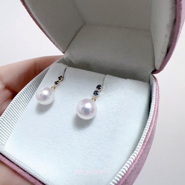 (Summer Sale) 花珠級 Akoya 7-7.5mm 配藍寶石耳環 | Hanadama Grade Akoya 7-7.5mm Earrings with Blue Sapphire