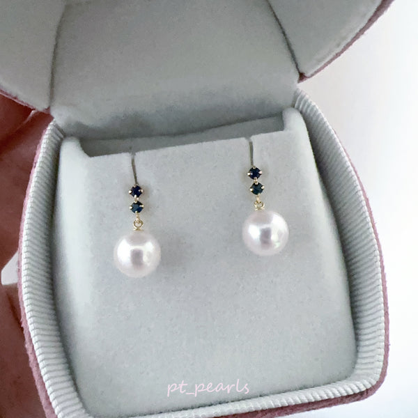 (Summer Sale) 花珠級 Akoya 7-7.5mm 配藍寶石耳環 | Hanadama Grade Akoya 7-7.5mm Earrings with Blue Sapphire