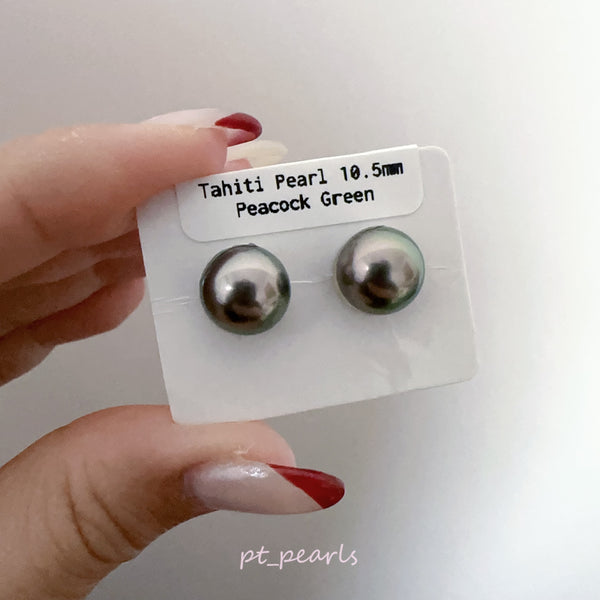 頂級鏡面 孔雀綠色 大溪地10.5mm耳環 | Top Grade Peacock Green Tahitian Pearl 10.5mm earrings