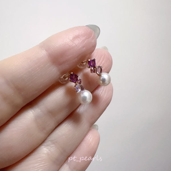 頂級濃粉 彩凜品質Akoya 5.5-6mm 配18K半寶石耳環 | Top Grade Sailin Grade Deep Pink Akoya 5.5-6mm Earrings with 18K Gemstones Setting