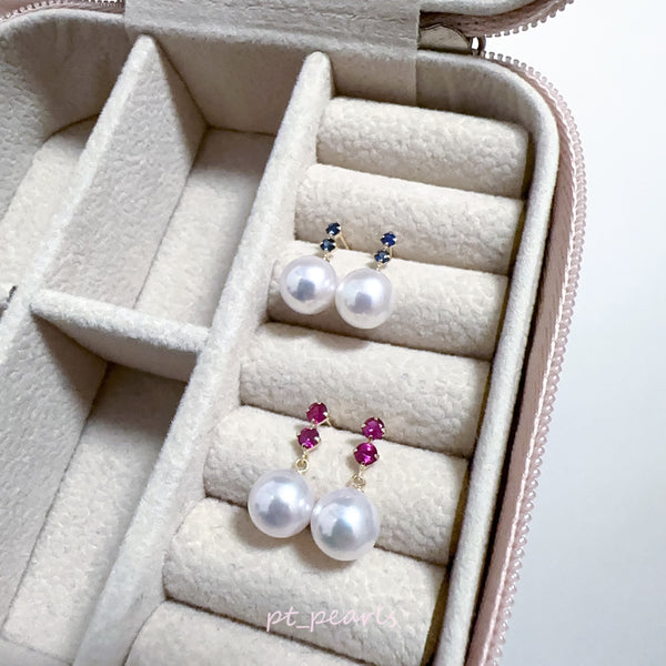 花珠級 Akoya 配寶石耳環 | Hanadama Grade Akoya Earrings with Sapphire