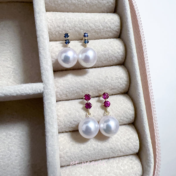 花珠級 Akoya 配寶石耳環 | Hanadama Grade Akoya Earrings with Sapphire