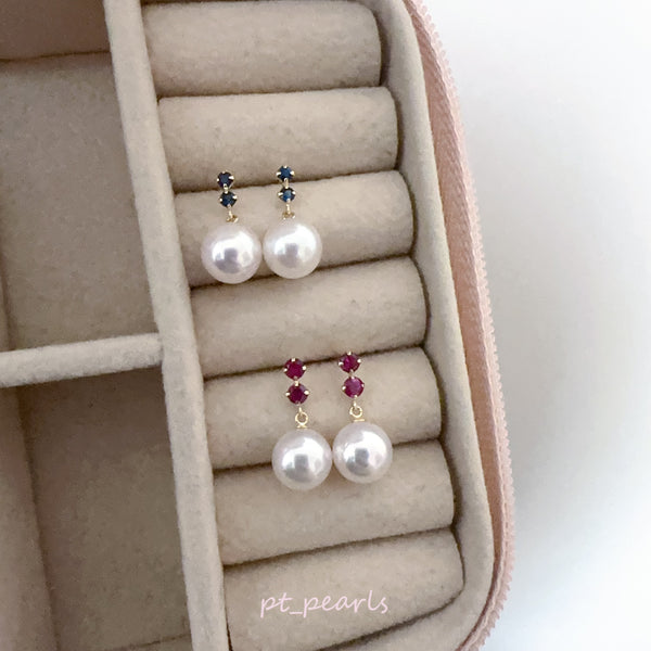 花珠級 Akoya 配寶石耳環 | Hanadama Grade Akoya Earrings with Sapphire