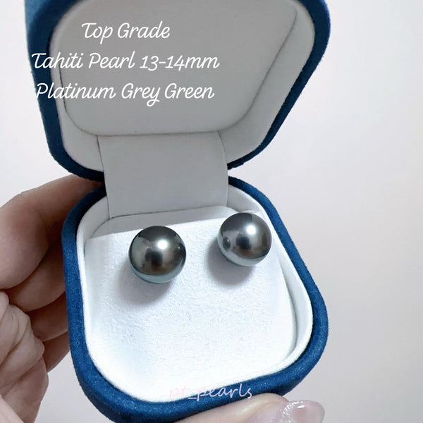 頂級鏡面 鉑金灰綠色 大溪地13-14mm耳環 | Top Grade Platinum Grey Green Tahitian Pearl 13-14mm earrings